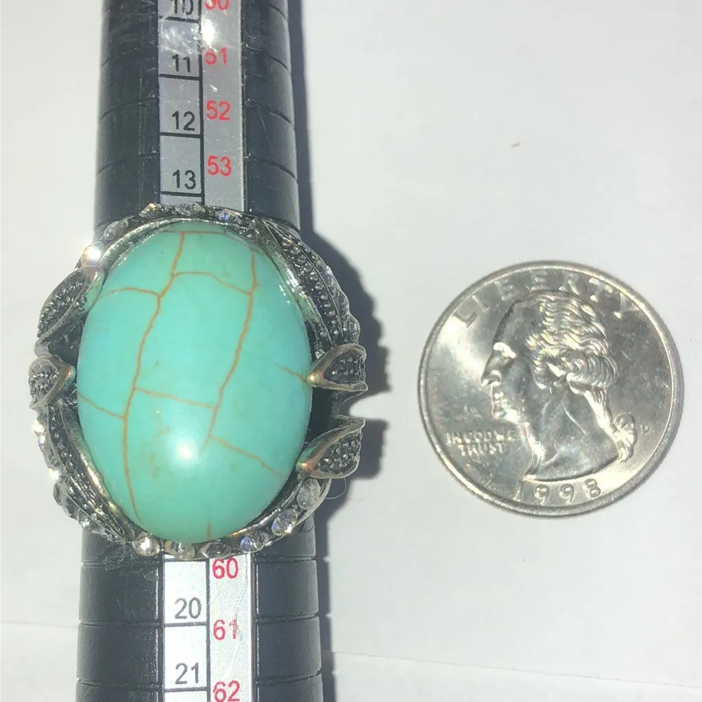Faux Turquoise Brass Tone Boho Statement Ring with Silver Accents Blue Size 8 - Image 8