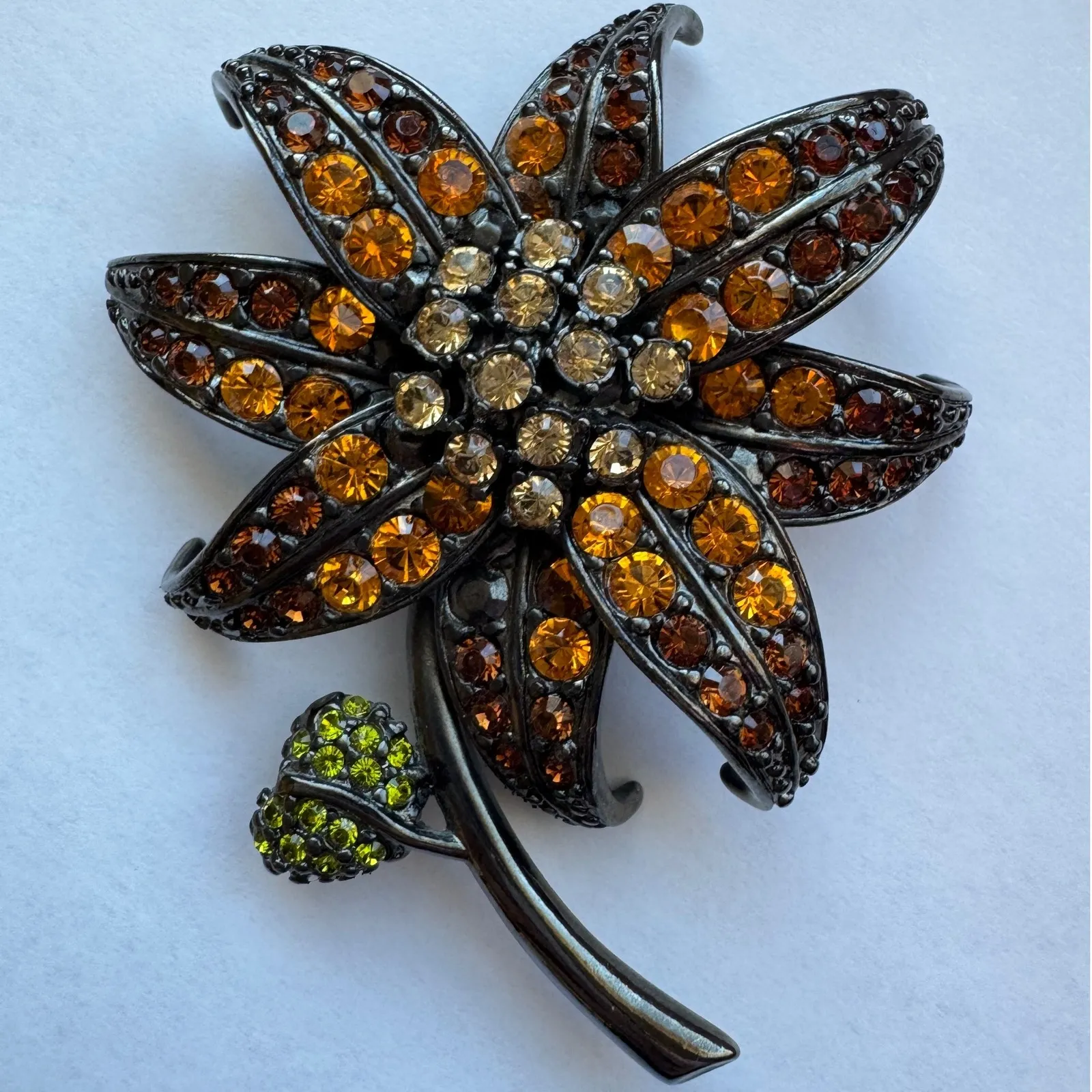 Vintage Joan Rivers Topaz Amber Crystal Rhinestone Brooch Pin Large Floral Women - Image 2