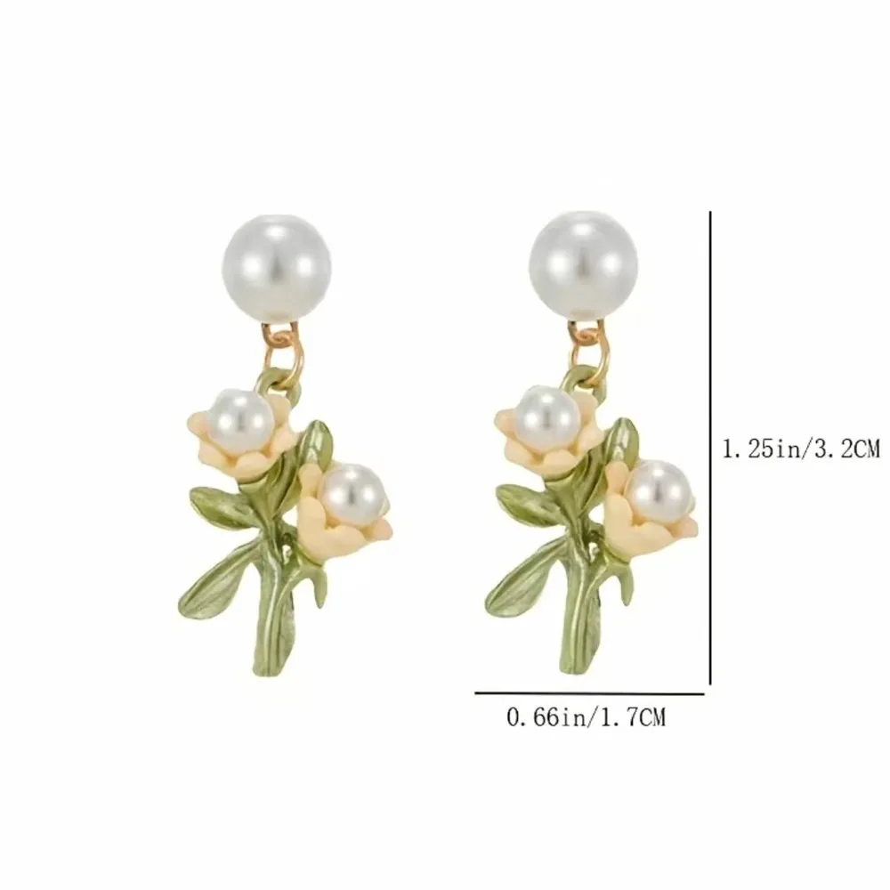 1 Pair Delicate Decor Dangle Zinc Alloy Earrings With Faux Pearl And Flower Desi Gold - Image 8