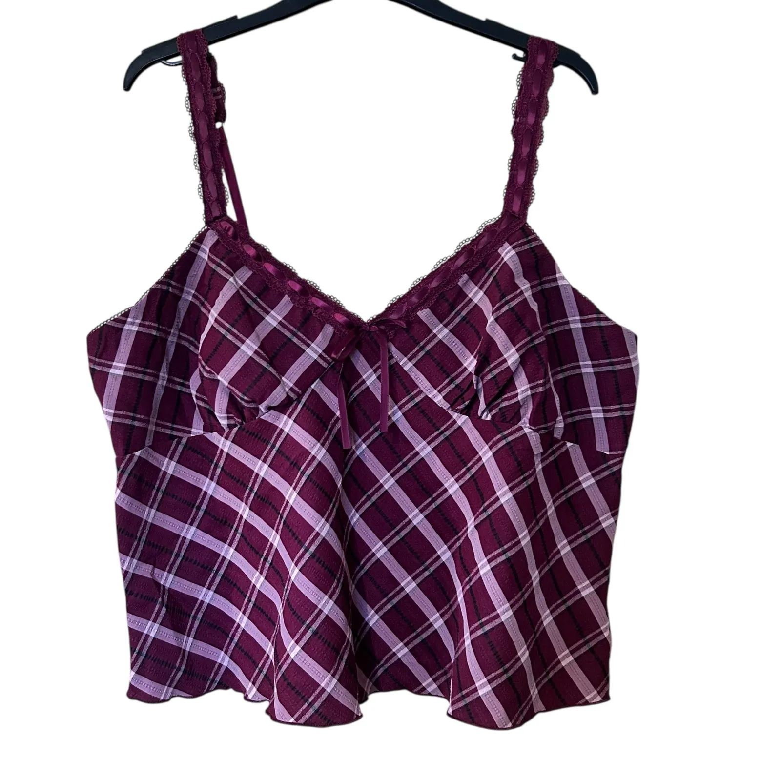 Baby Doll Top Cropped Burgundy Plaid Y2K Lace Bow Milk Maid XXL No Boundaries - Image 2