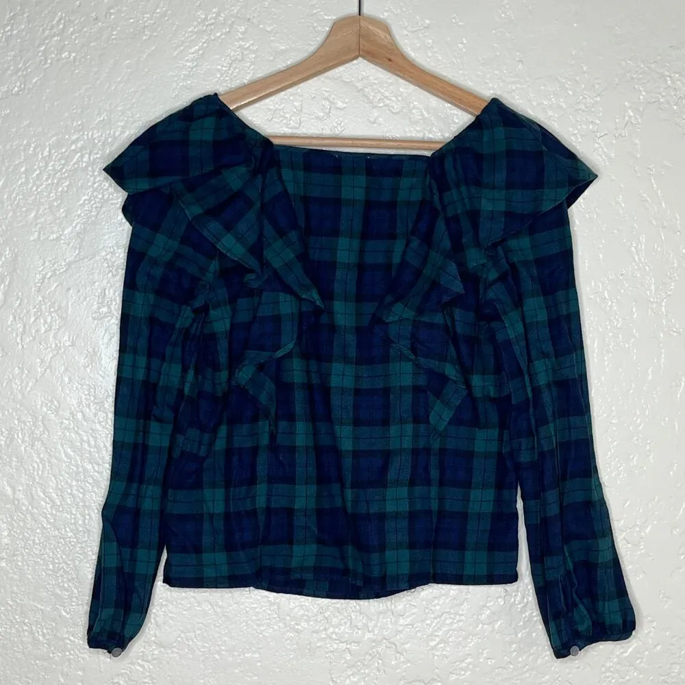 J. Crew Women's Flannel Squareneck Ruffle Plaid Cotton Long Sleeve Top PXS NWT Green Size XS - Image 3