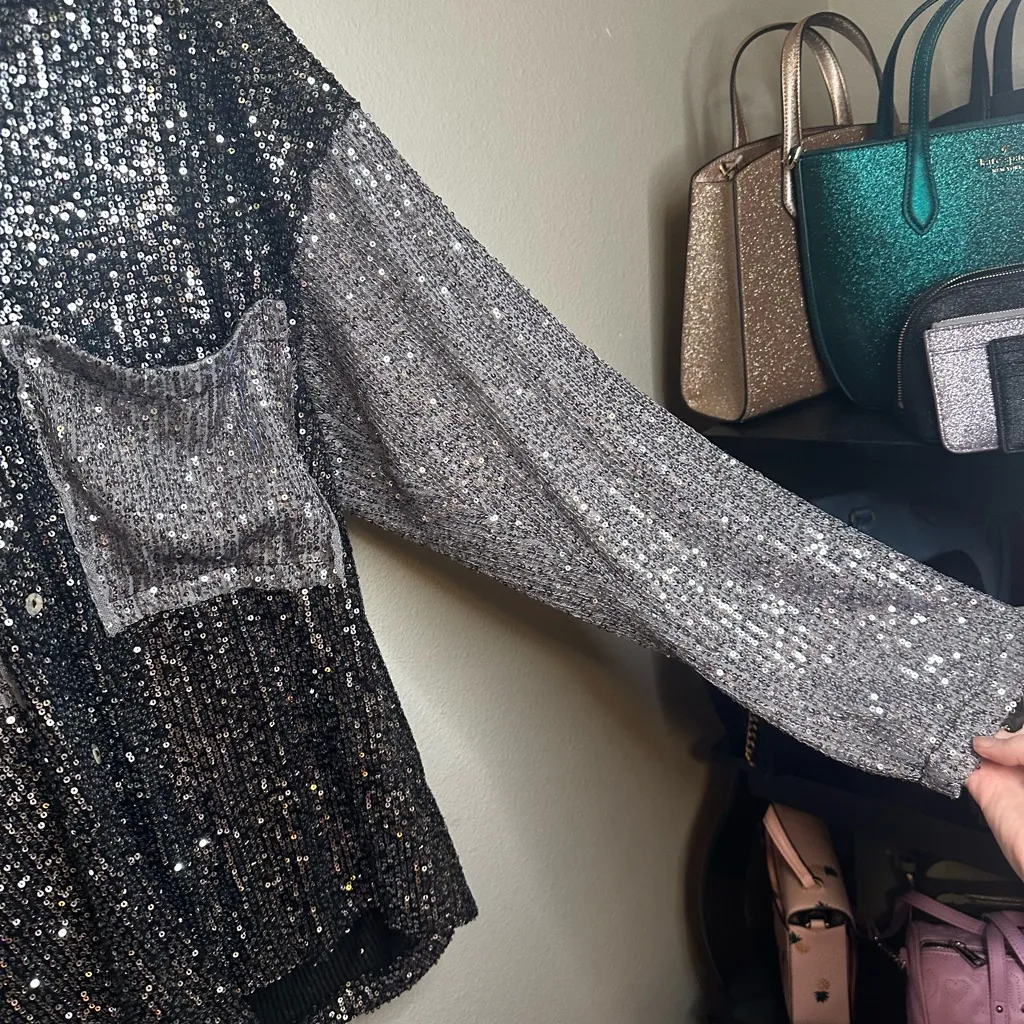 POL Shimmering Sequin Top - Silver and Black - Image 5