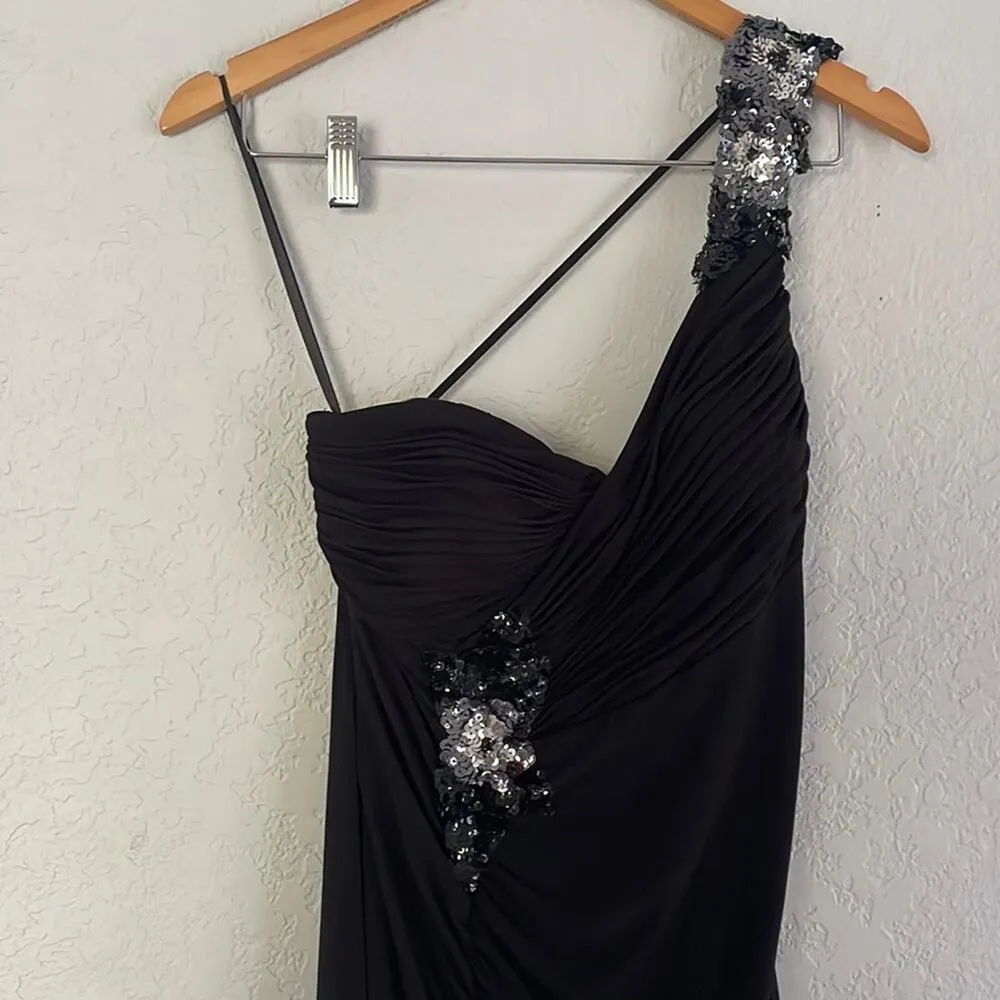 Hailey Adrianna Papell Black Sequin One Shoulder Black Dress Formal Maxi Evening - Image 2