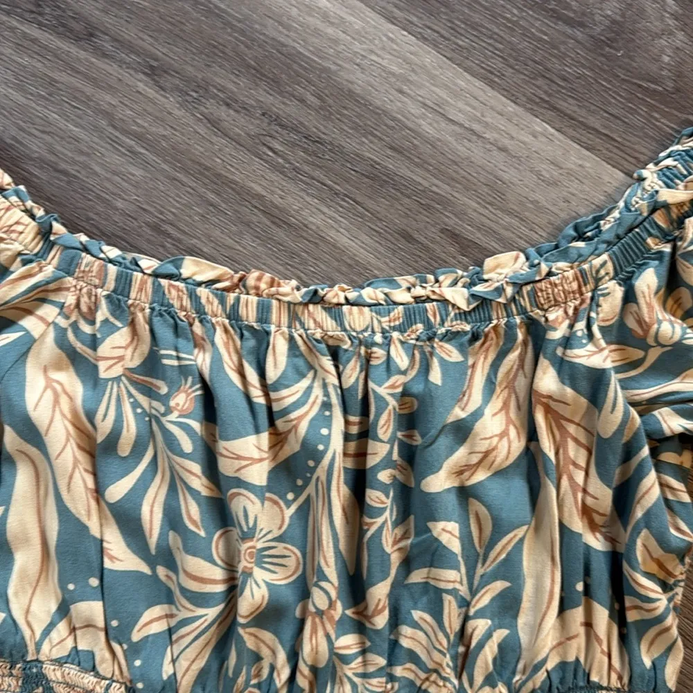 Patrons of Peace Blue and Cream Ruched Off-Shoulder Mini Sundress - Image 2