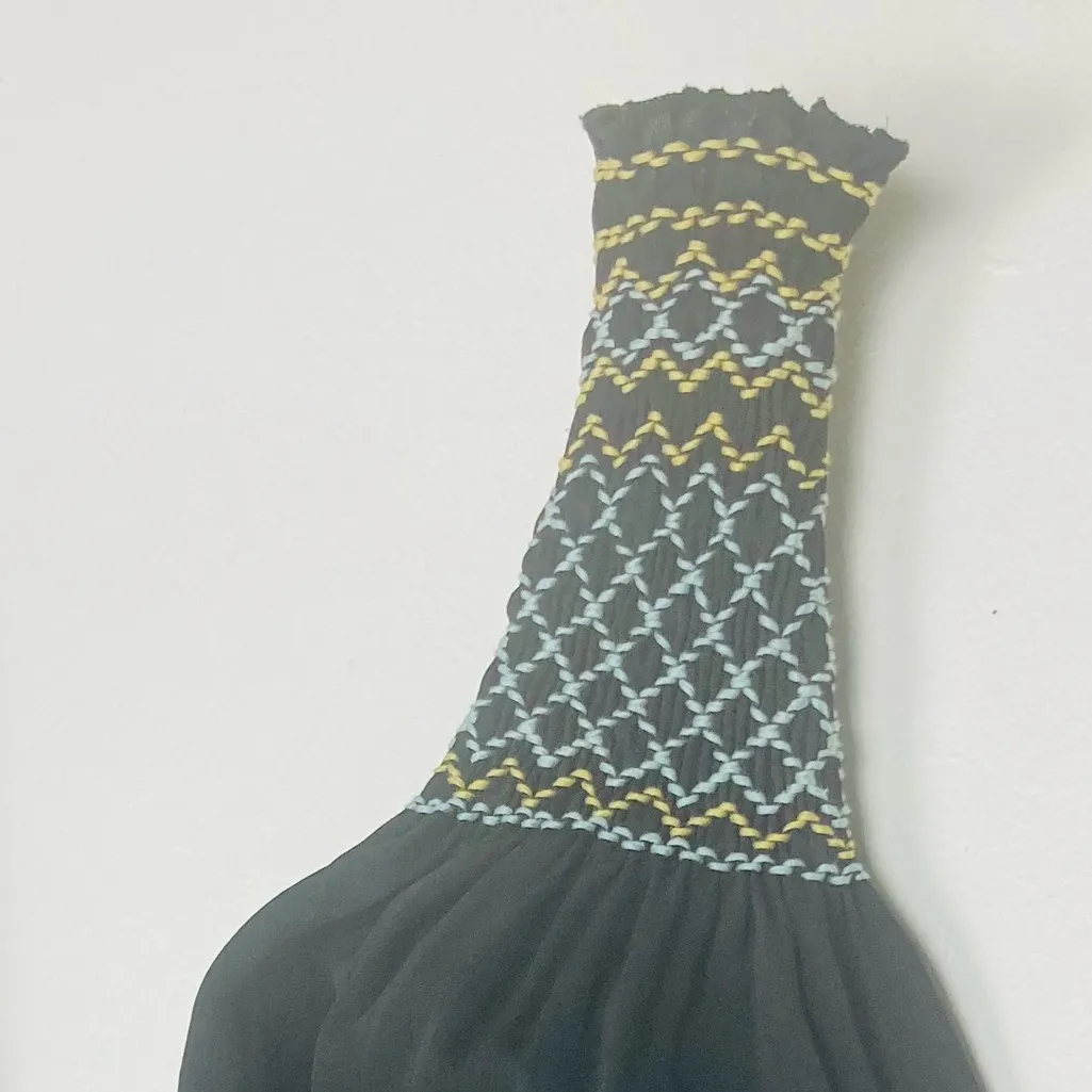 Free People black balloon sleeve mini dress w smocking blue & yellow stitching S - Image 3