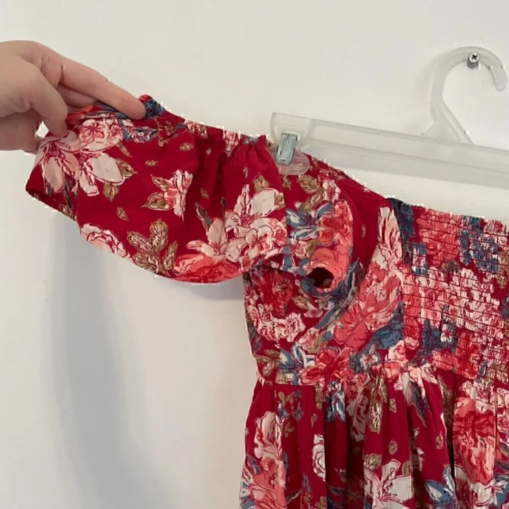 ANGIE Split Neck Top Red Pink Floral Off the Shoulder Short Sleeve Boho Crop Top - Image 12