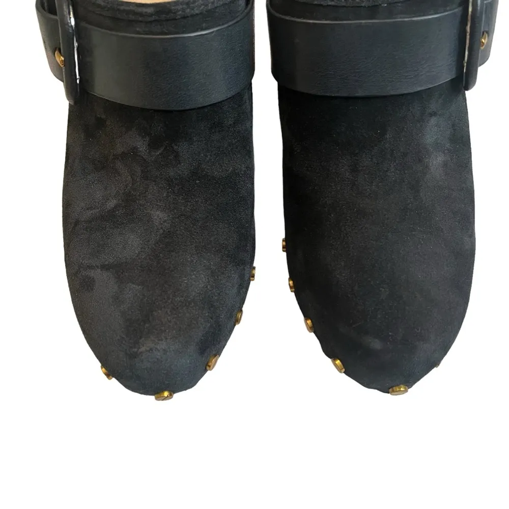 NWOT, Veronica Beard Dacey Black Suede Wooden Platform Clog, Gold Studs, Sz 6.5 - Image 7