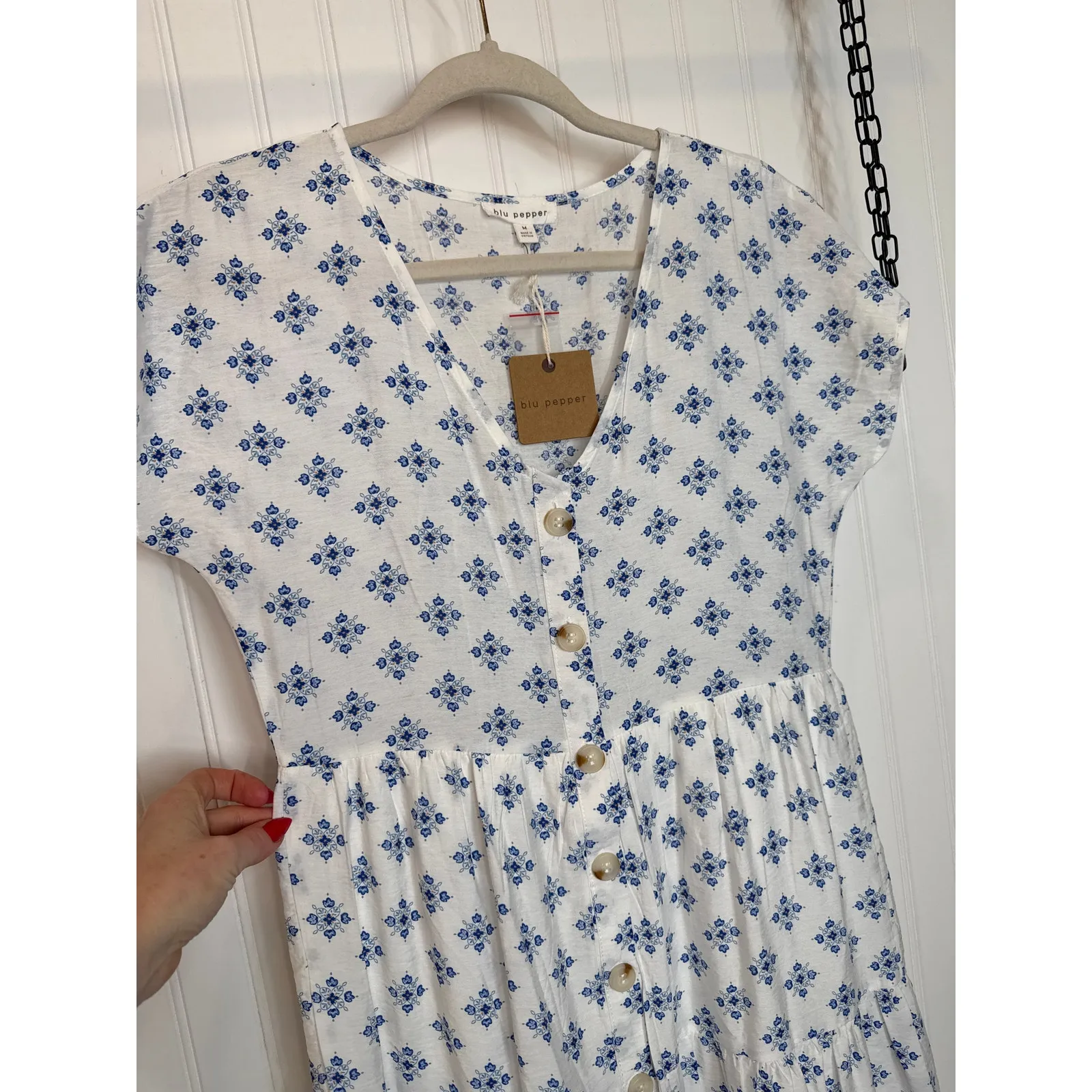 NWT Blue Pepper Geometric Print Midi Dress Blue White Tiered V - Image 3