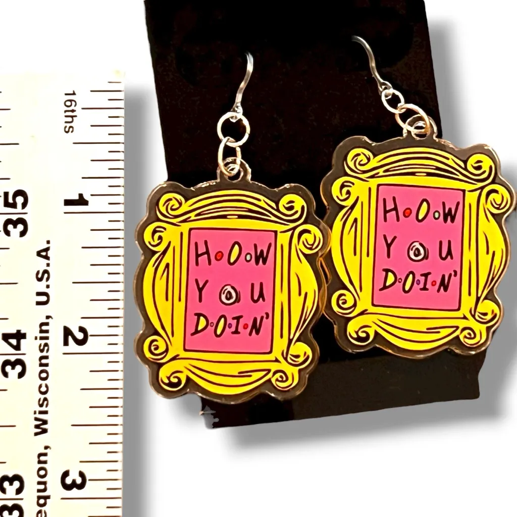 Hypoallergenic FRIENDS Earrings “How You Doin” | Monica’s Yellow Frame Earrings - Image 2
