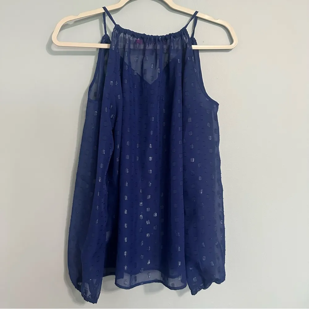 🦋 Macbeth Collection Sheer Navy Blue Open Shoulder Long Sleeve Blouse XS - Image 6