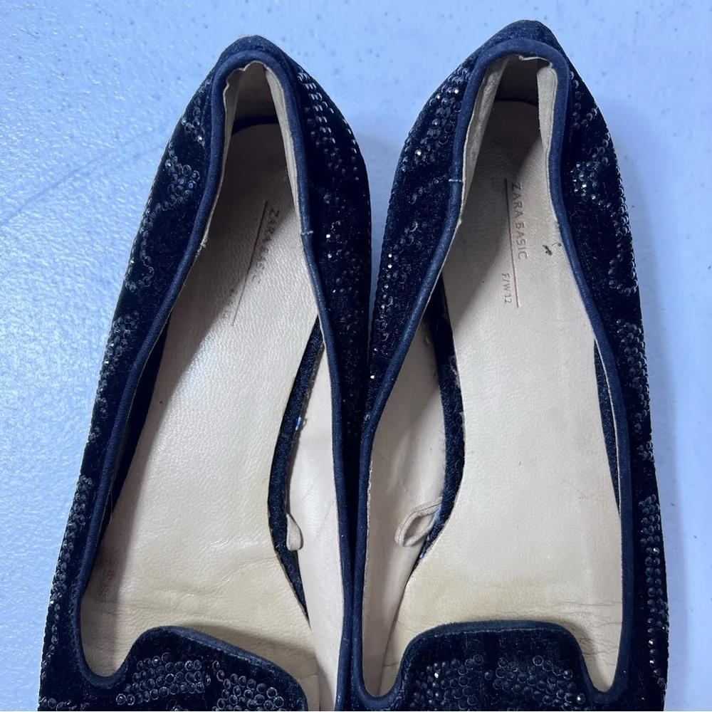 Zara Black Velvet Rhinestone Embellished Loafer Flats - Image 6