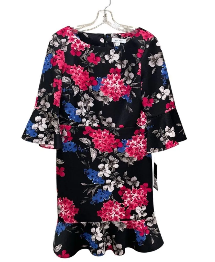 Nine West Floral Bell Sleeve Sheath Dress Black Multi Women’s Size 6 NWT - Image 1