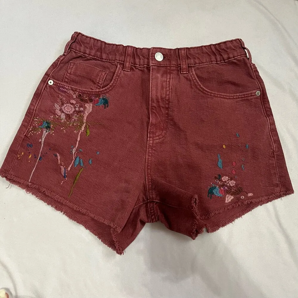 XS Pilcro Embriodered Scrunchie Shorts Anthropologie Maroon Embroided Floral - Image 5