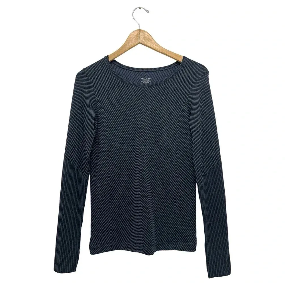 Athleta Grey Striped Patterned  Long Sleeve Athletic Workout Top Thick Women's S - Image 2