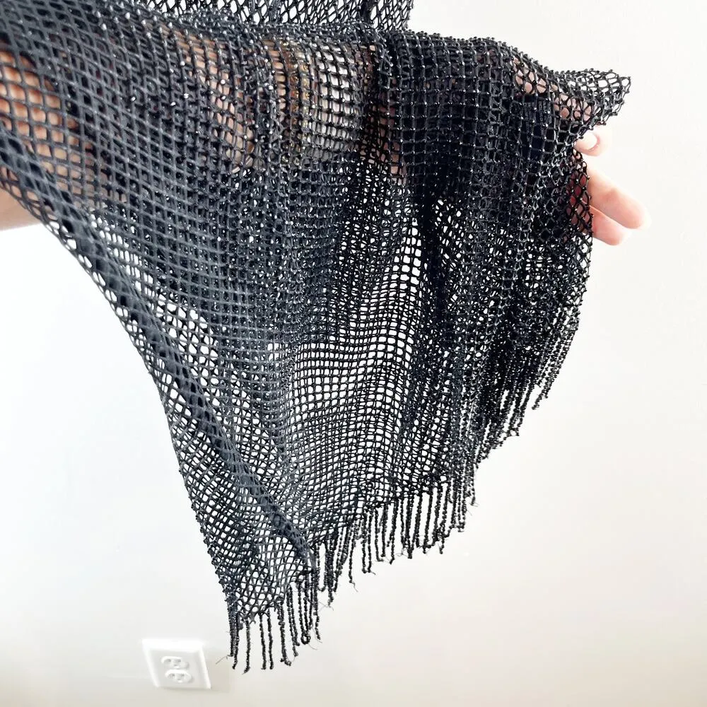 Anthropologie Sleeveless Mesh Fishnet Fringe Hem Midi Beaded Dress Black Small - Image 9