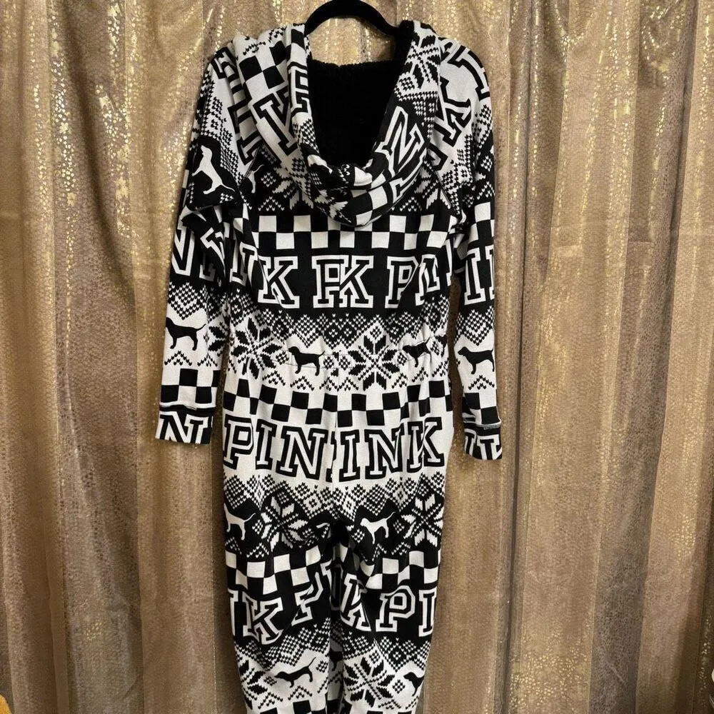 PINK Victorias Secret Black White Winter Sherpa Hood Zip Romper Small - Image 6