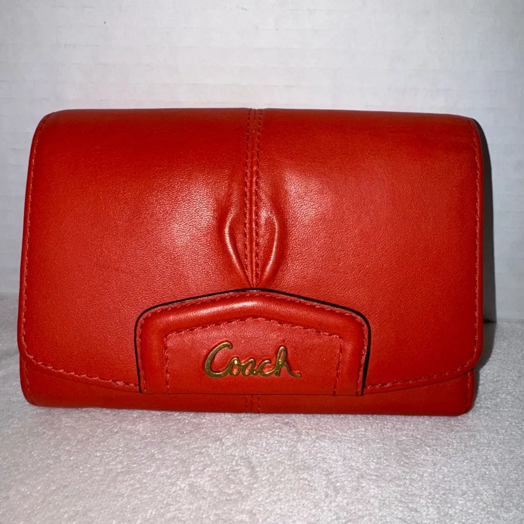 Vintage Y2K Coach Ashley Red Orange Leather Compact Clutch Trifold Womens Wallet - Image 2