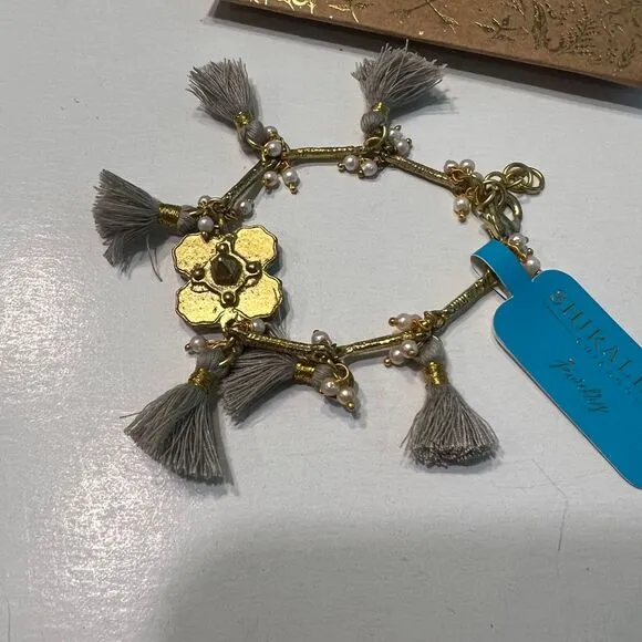 Anthropologie Boho Tassel Charm Bracelet Gold‎  Floral Design with Original Box - Image 2