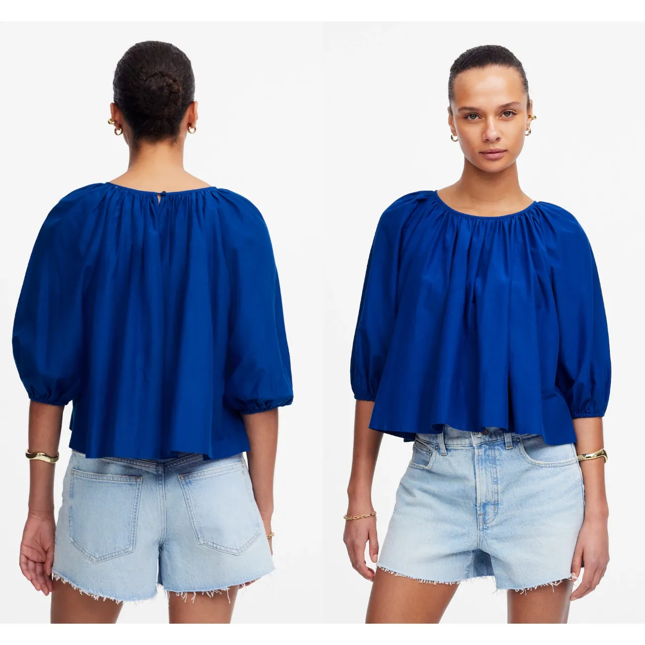 Madewell | NWT Shirred Puff-Sleeve Top in Cotton-Silk Voile Bright Sapphire Sz L - Image 2