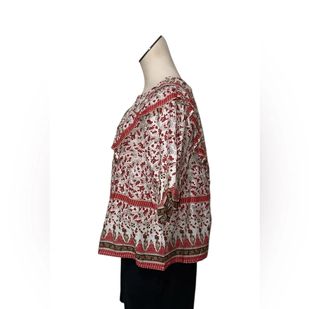 NWT Calypso St Bath Boho Peasant Blouse Red White Ruffle Tie Front Flowy Top L - Image 4
