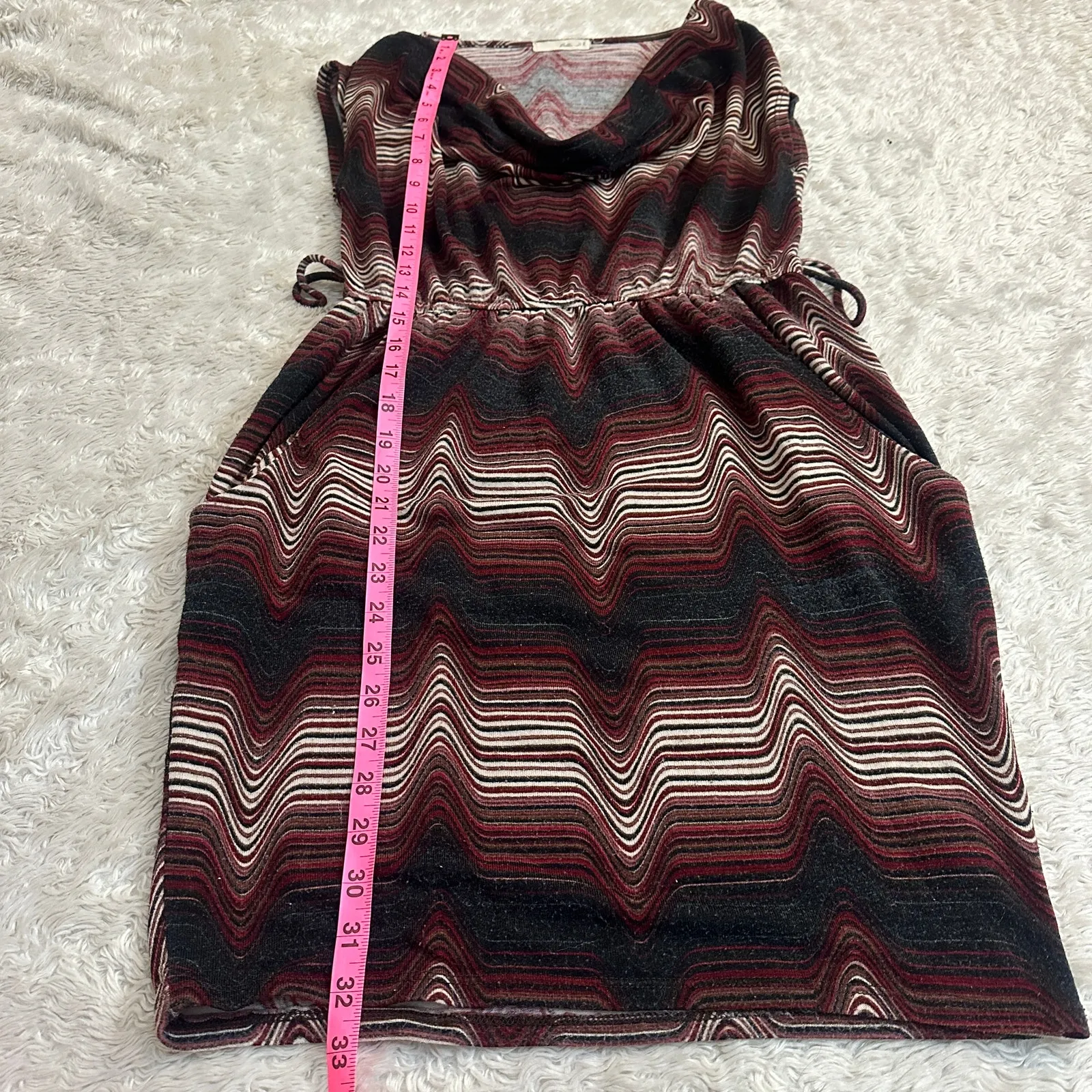 Cute Y2K 90s Cowl Neck Jersey Knit Mini Dress Trippy Psychedelic Pattern Red Size M - Image 5