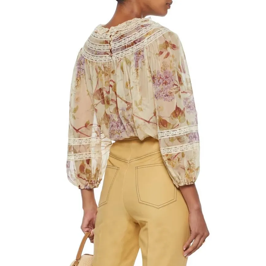 Zimmermann Sabotage Balloon Sleeve Lace Yoke Blouse Vintage Floral-Print - Image 3