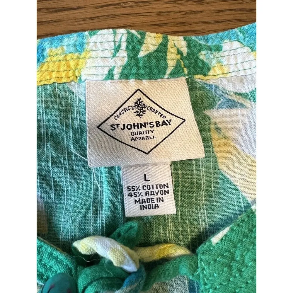 St. Johns Bay Women Green Floral Long Sleeve Blouse Size Large Hawaiian Colorful - Image 11