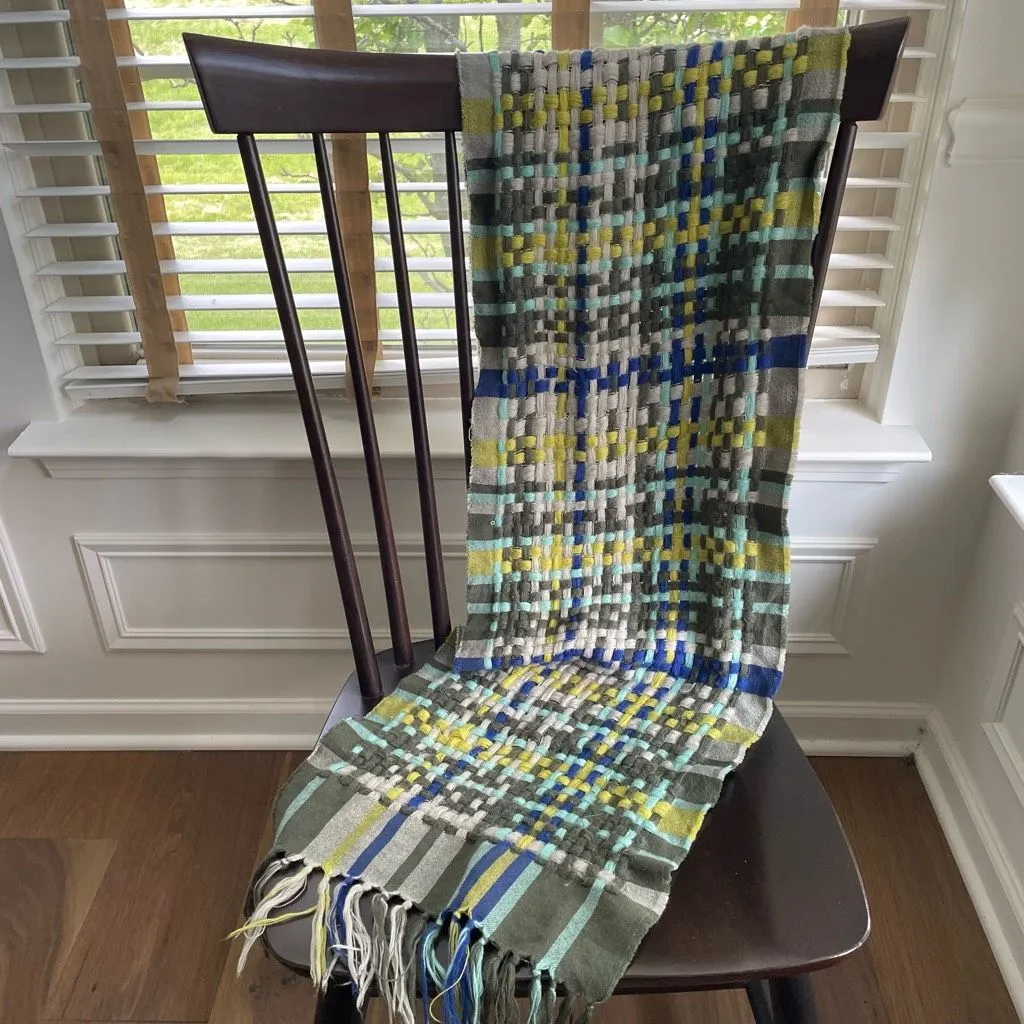 Stile Benetton Large Basketweave Scarf Blue Olive Green Yellow Unisex - Image 2