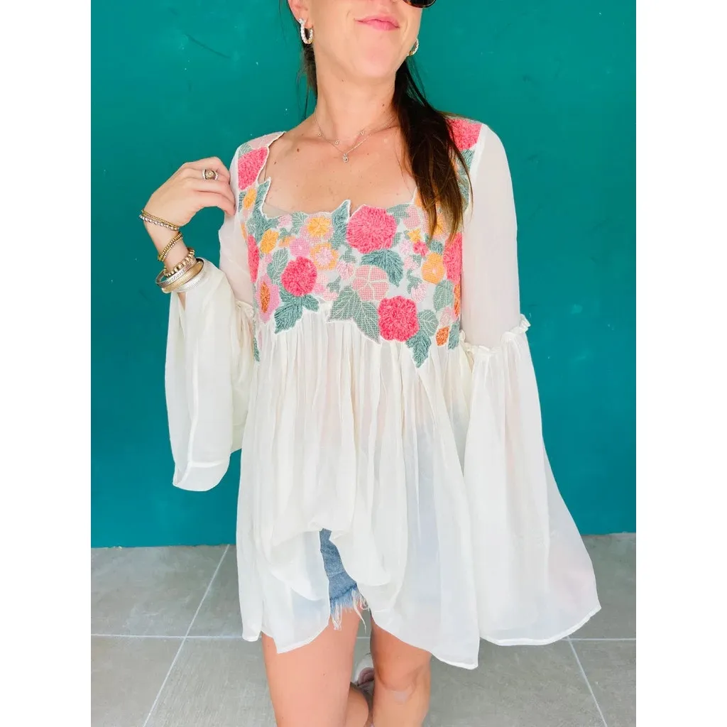 Free People Embroidered Sheer Cream Babydoll Style Top - Image 2