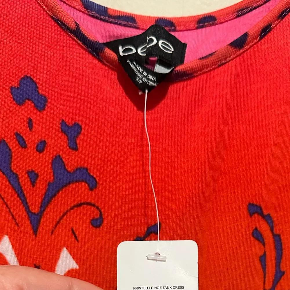 BEBE fringed light pink jersey party going out Moroccan sleeveless print dress S - Image 7