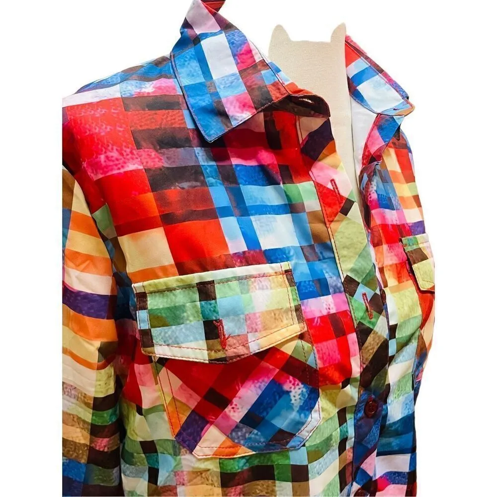 Unbranded Rainbow Checkered Button Down Long Sleeve Shirt Size Medium Red - Image 6