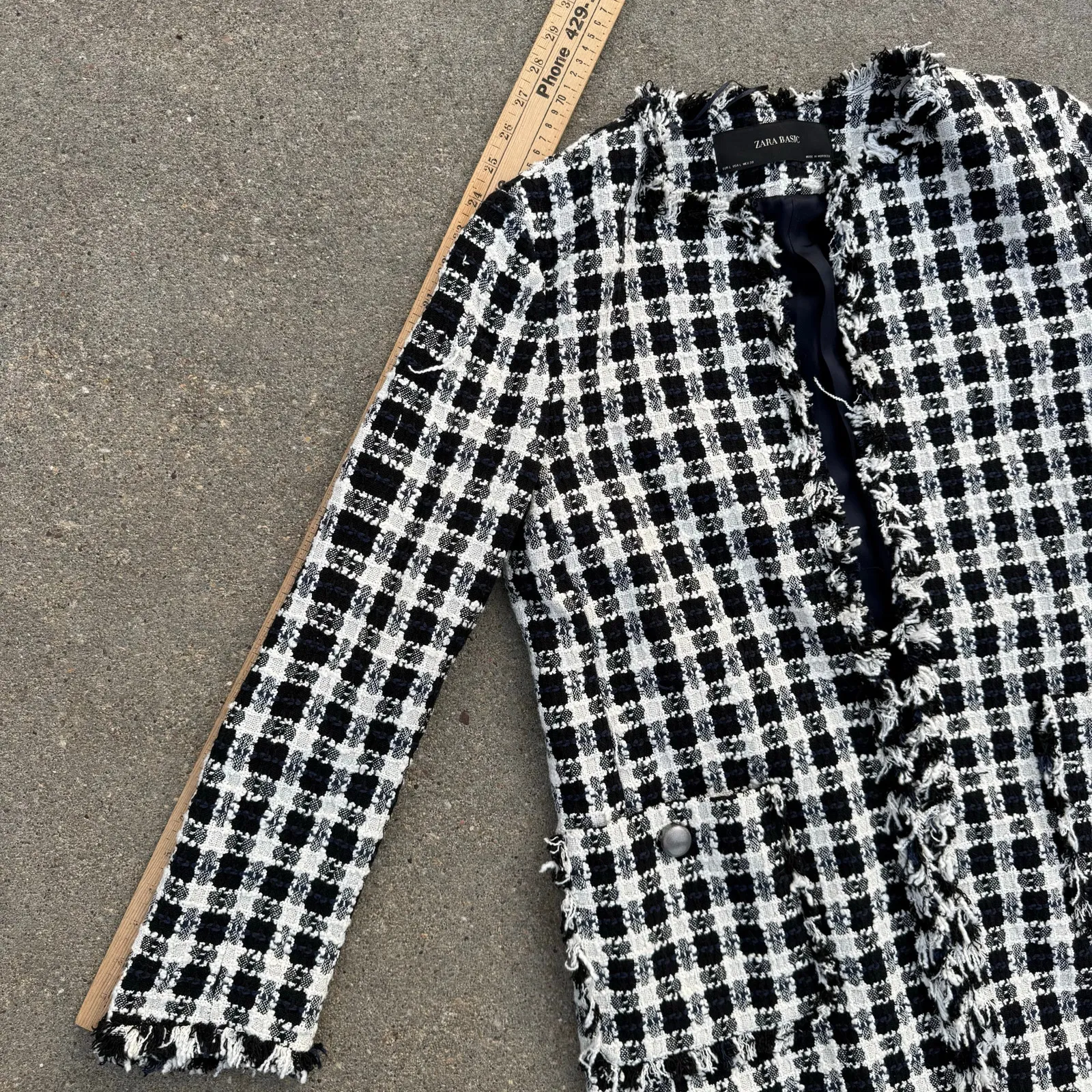 Zara Basic Black White Boucle Tweed Houndstooth Fringe Jacket NWT Large - Image 8