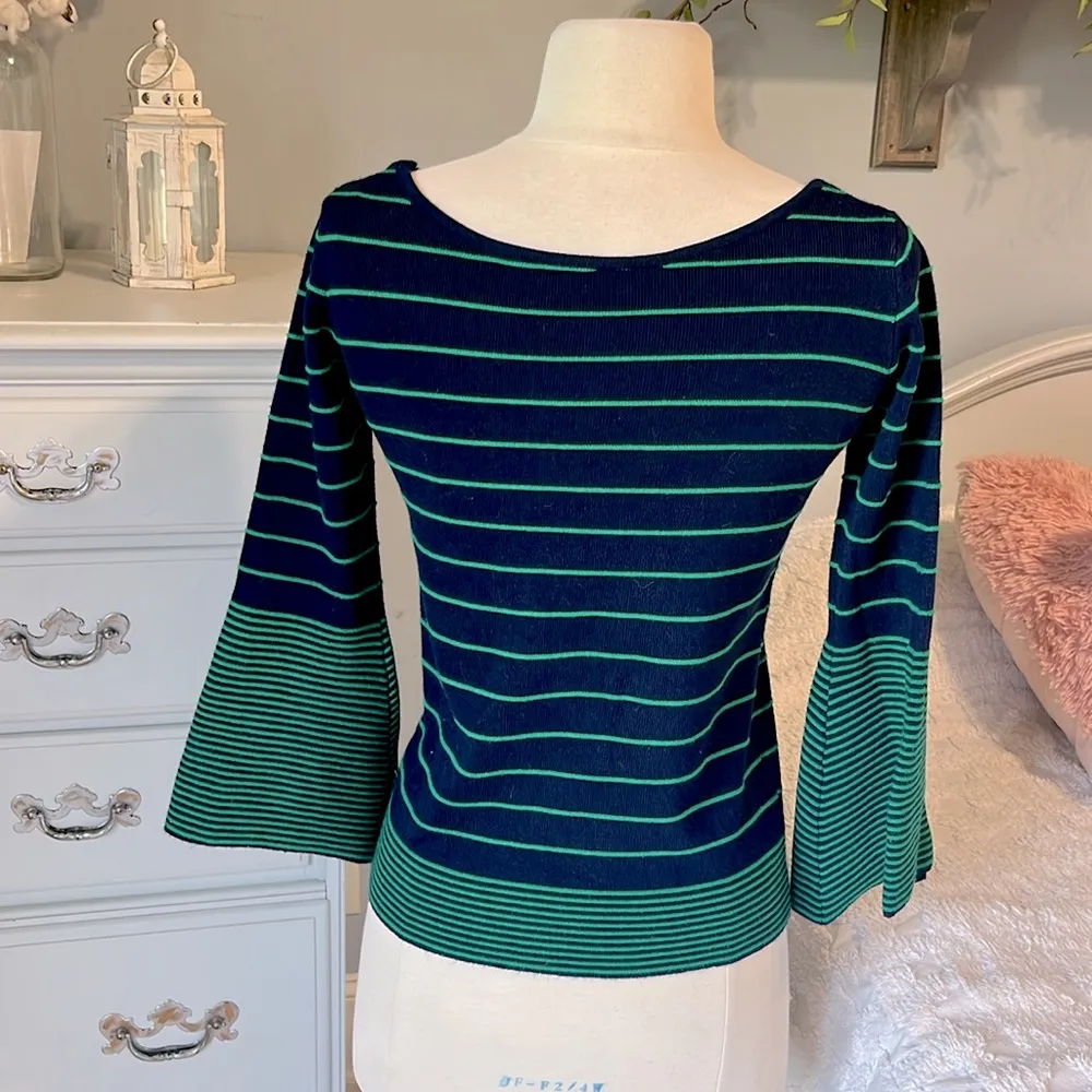 Comfy Navy Blue Green Striped Sweater Bell Sleeve Size XS - Image 6