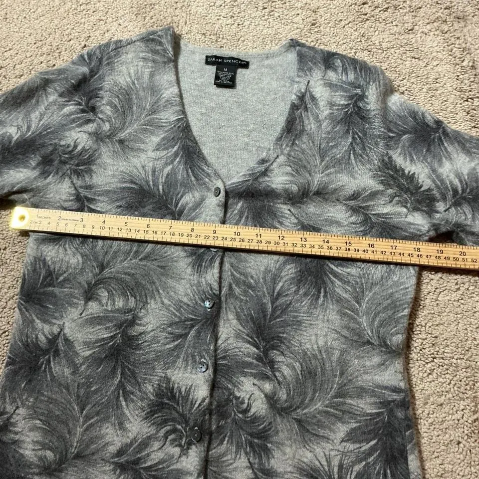 SARAH SPENCER Wool Feather Print Cardigan Sweater Womens M V Neck Button Up Knit Size M - Image 4