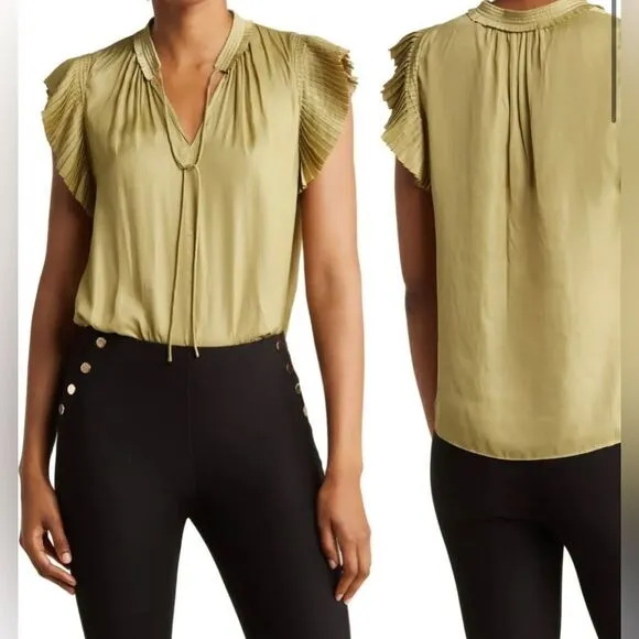 Pleated Ruffle Sleeve Split Neck Blouse - Image 2