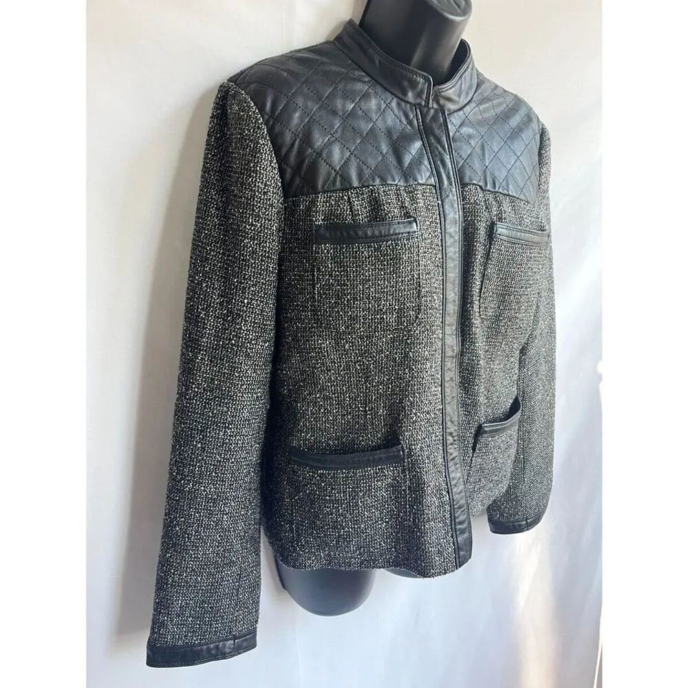 Jaclyn Smith black &white Tweed quilted Leather button up moto jacket size small - Image 12