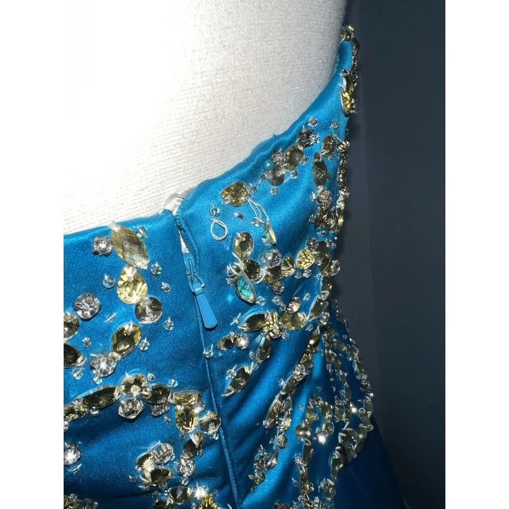 Sherri Hill Prom Dress Size 4 Strapless Gold Beaded Turquoise Blue Mermaid Train - Image 6