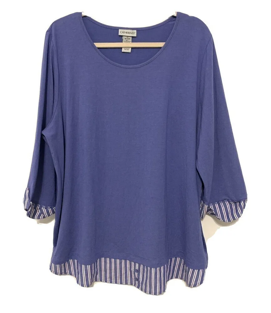 Catherines Womens Plus Size 1X 18/20W Blue Stripe Hem Tunic Top Stretch Blouse - Image 1