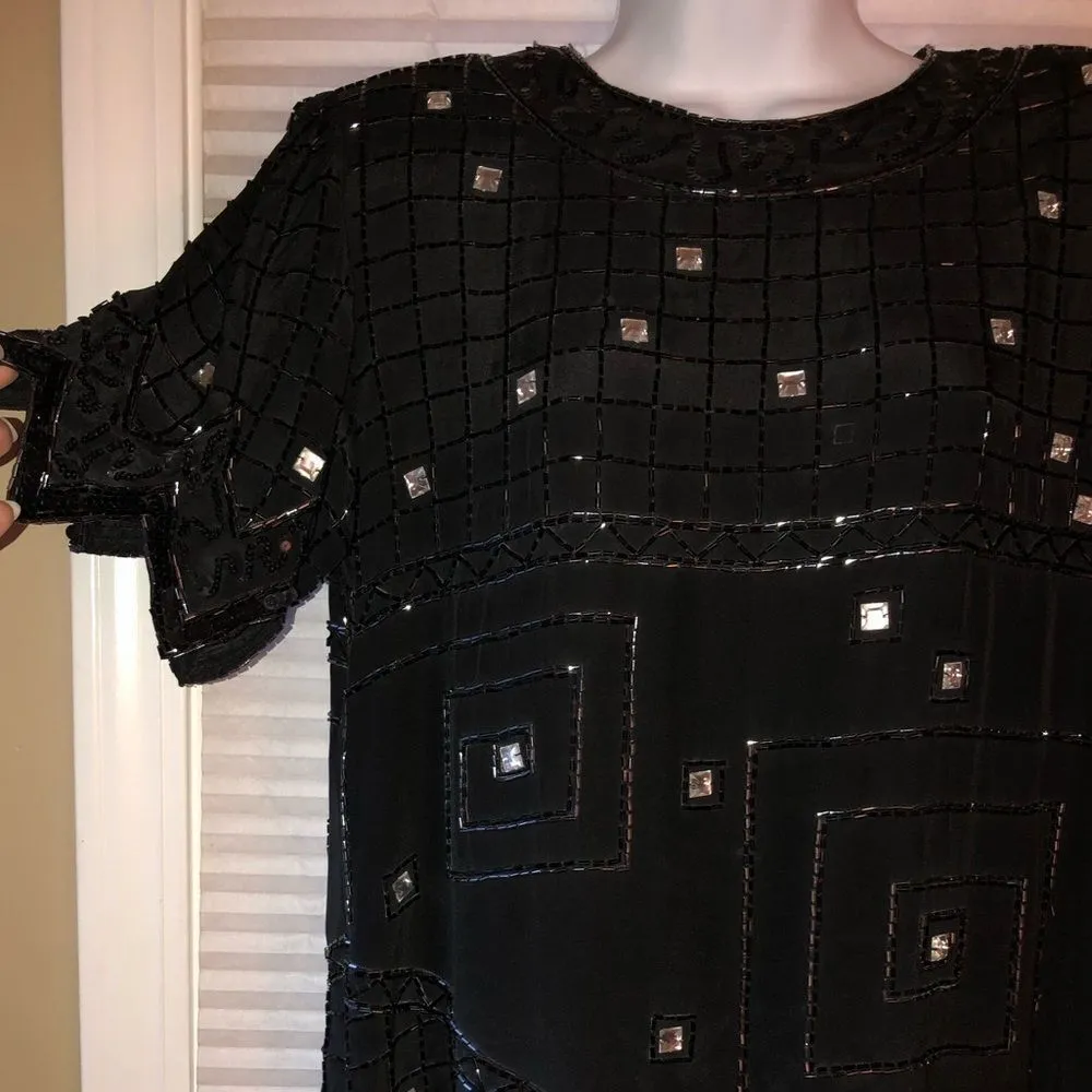 Argenti Beaded Formal Blouse 100% Pure Silk Black - Image 4