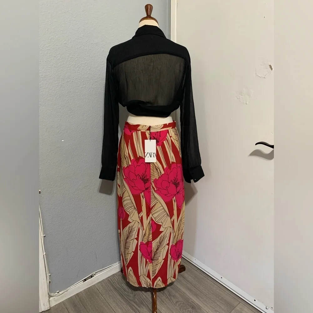 Zara New Women Bohemian Floral Print High Waisted Midi‎ Skirt Size M - Image 12
