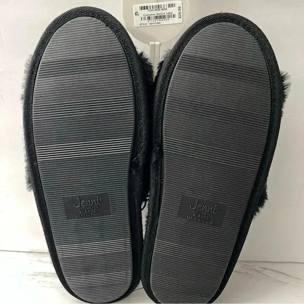 Jenni Slippers Fluffy Slides Plush Faux Fur Size XL 11-12 Black/Pink Heart - Image 5