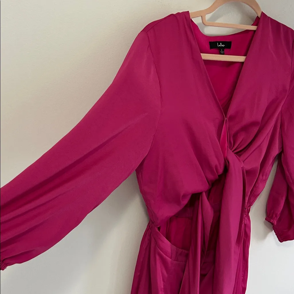 Lulus Trendsetting Direction Magenta Satin Tie Front Wide Leg Jumpsuit - Image 7