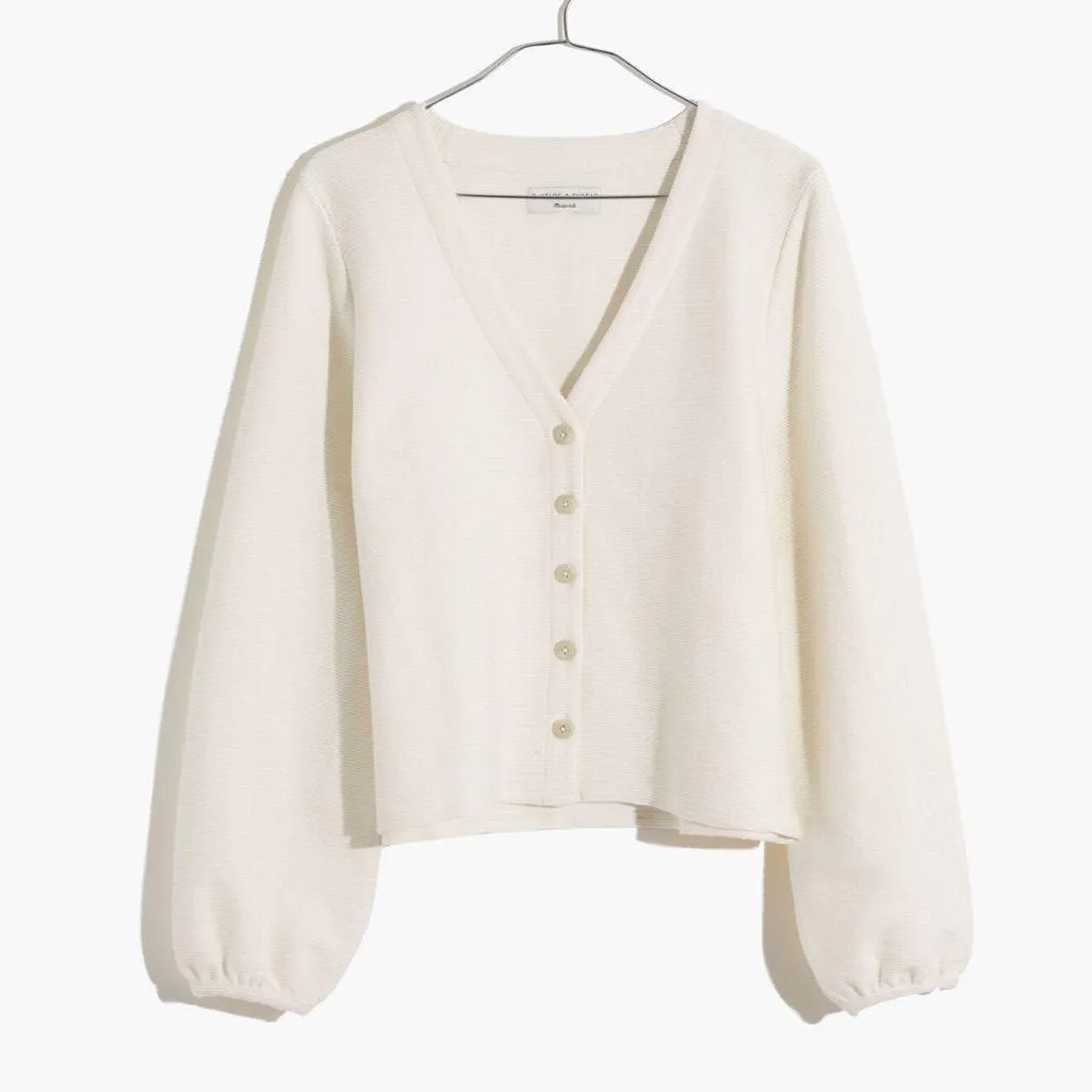 Madewell Bubble-Sleeve Ivory Cardigan Women's V-Neck Sweater Top XL - Image 4