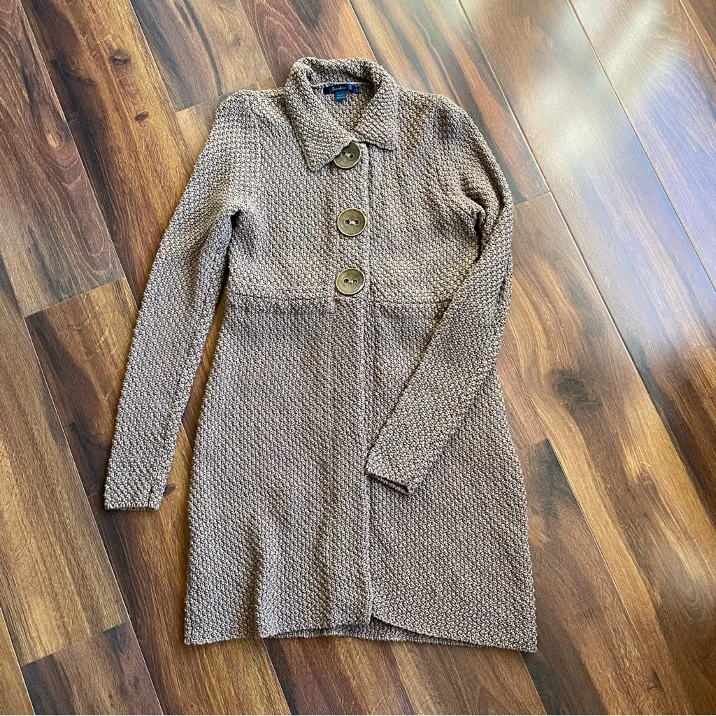Boden 100% Cotton Heavy Crochet Knit Duster Long Cardigan Jacket Snap Brown Size 8 - Image 2