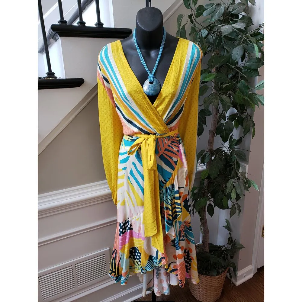 Anthropologie Dress Women Petite XL Multicolor Wrap V Neck Long Sleeve Boho - Image 2