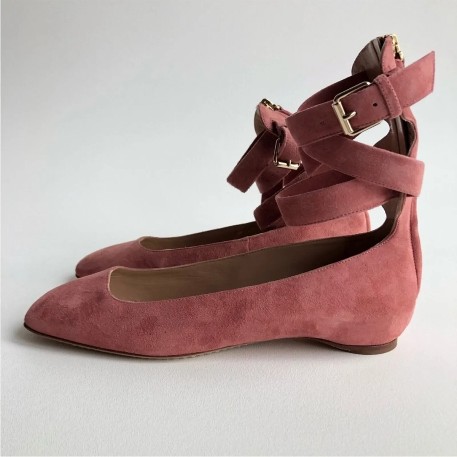 VALENTINO GARAVANI Suede Pink Lace Up Square Toe Zipper Back Ballet Flats EU37 - Image 3