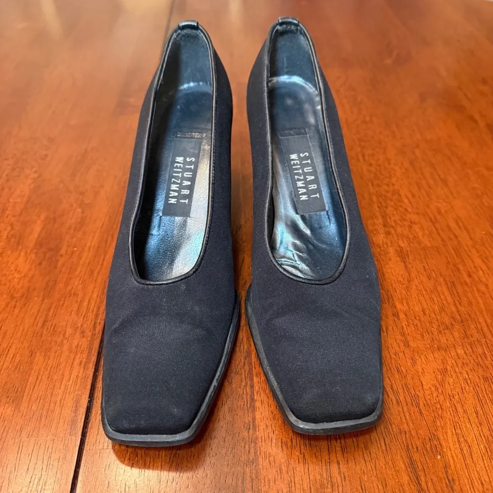 Stuart Weitzman Black Square Toe‎ Fabric Low Heel Pumps Shoes Size 7 - Image 2