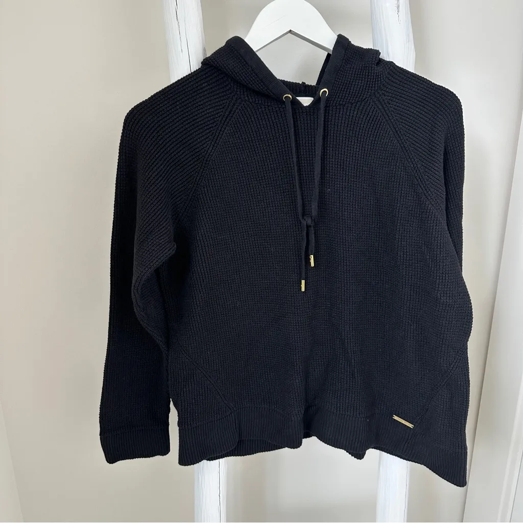 MICHAEL Michael Kors Black Ribbed Hoodie Sweater w Gold Accents Size Large - Image 11