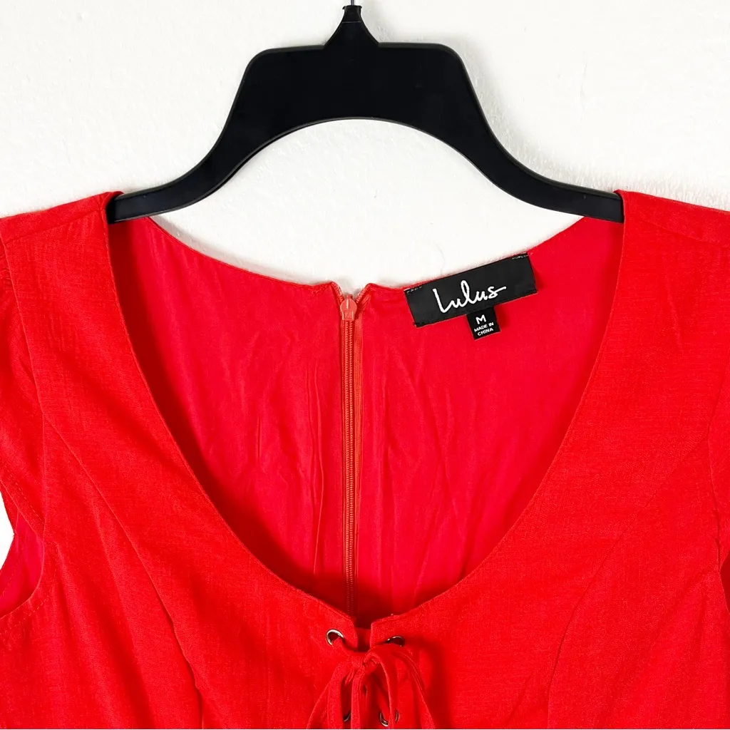 LULUS Sunny Spot Red Lace Corset  Pockets Cap Sleeves Dress, Size Medium - Image 12