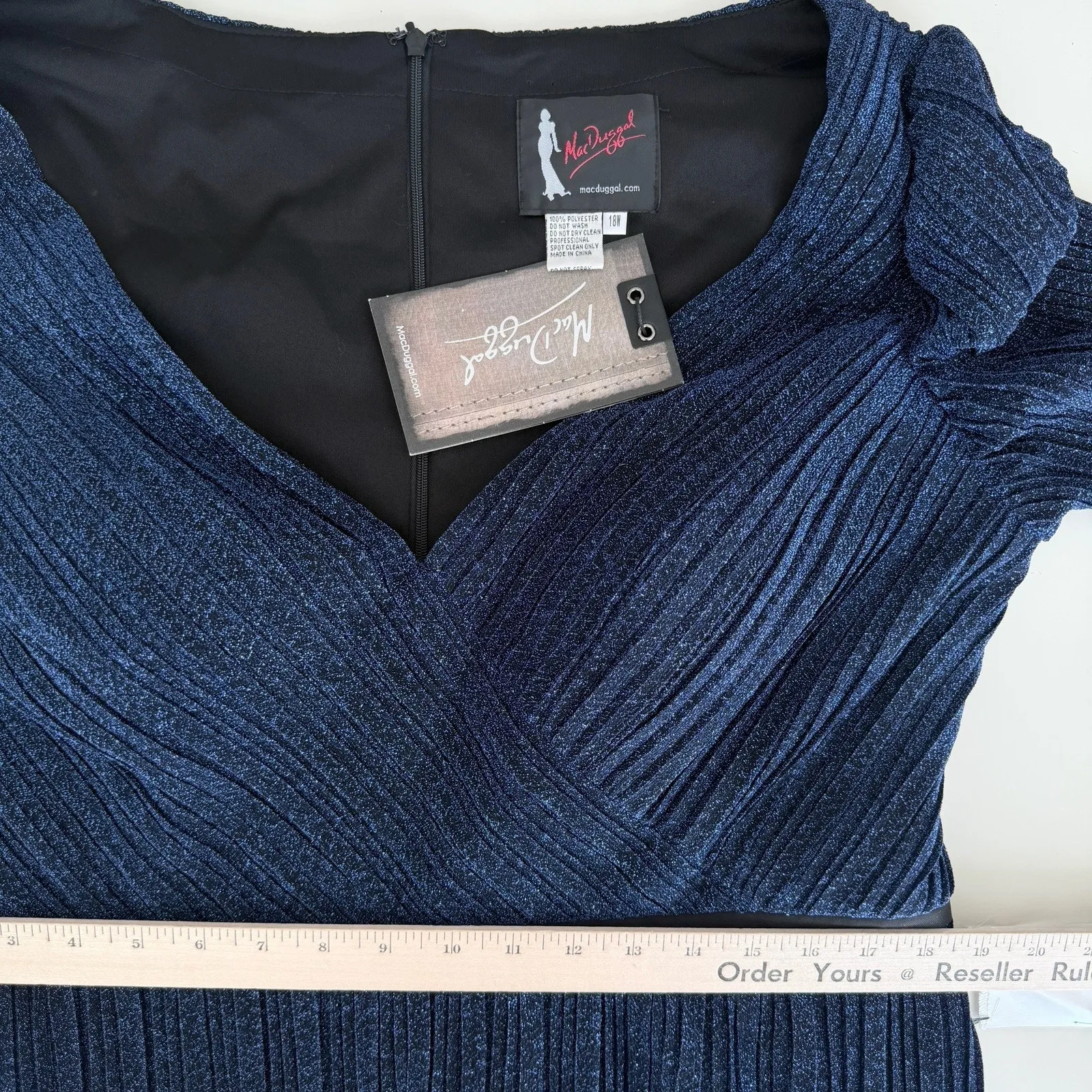 Mac Duggal Dress Size 18W Navy Blue Cocktail Evening Sapphire Shimmer Faux Wrap - Image 9